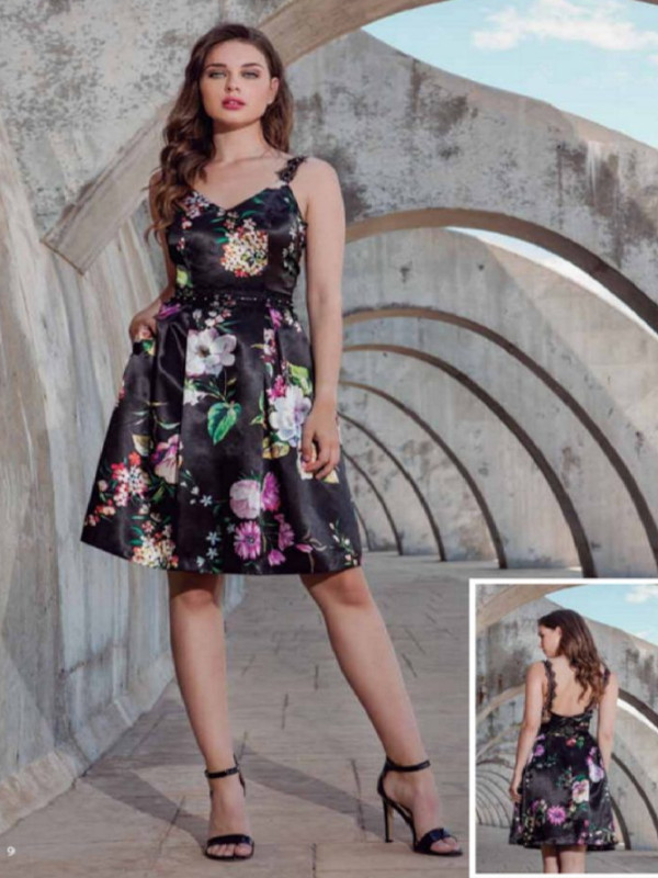 Vestido Olimara 113, corto de invitada, estampado de flores